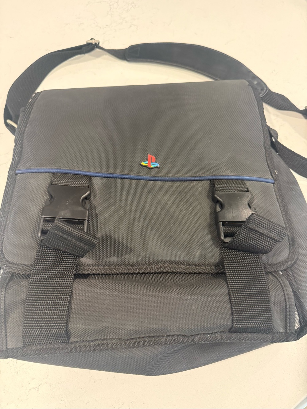 Sony Black Messenger Bag with PlayStation Emblem and Blue Trim